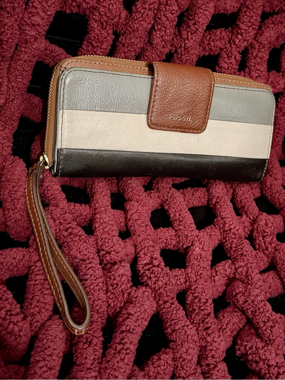 Fossil Striped Tri-Color Leather Wristlet - Gray, Cream, Brown, Black